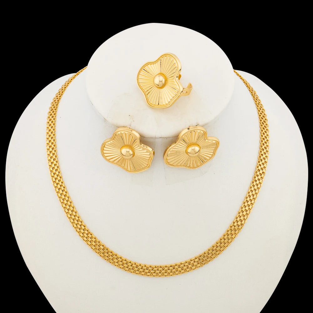 Necklace Earrings Ring Jewelry Set for Women  Gold Plated Clip Earrings and Finger Ring 2Pcs Set for Engagement Daily Wear Gifts