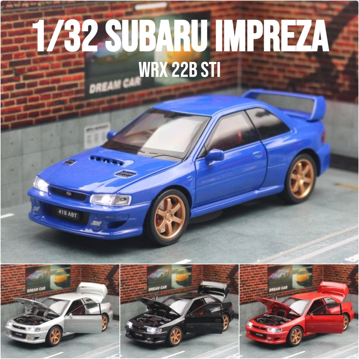 1/32 Subaru Impreza WRX 22B STI JDM Super Car Model Diecast Metal Vehicle Miniature Pull Back Display Collection Gift Boyfriend