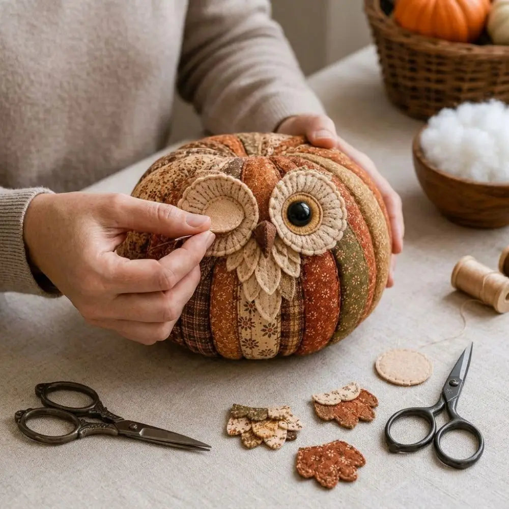 Vintage Style Whimsical Patchwork Pumpkin Fabric Kit Owl Bear Floral Fabric Halloween DIY Sewing Kit Stress Craft Cow Cat