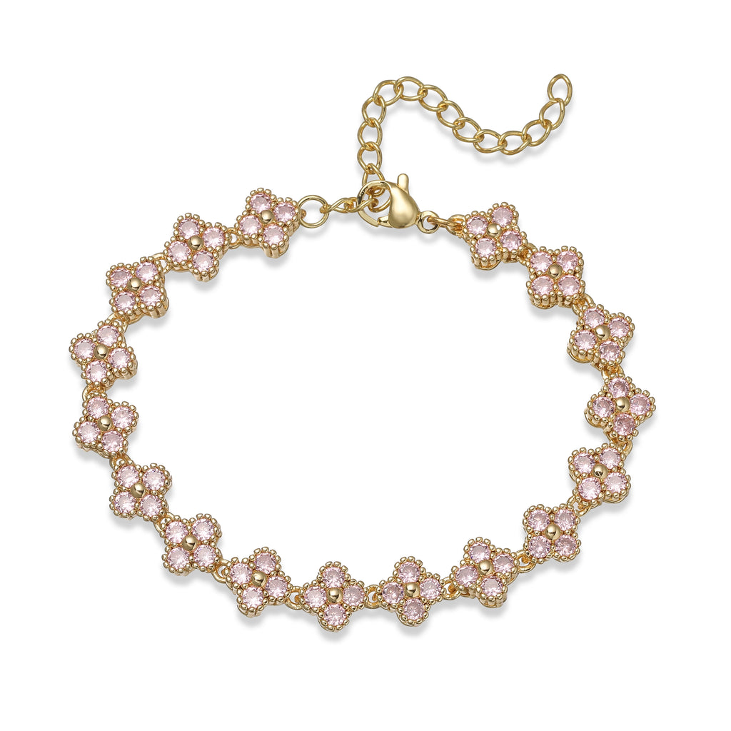 HECHENG, Bijoux Colorful Flower CZ Stone Brass Metal Bracelet/Necklace,Lobster Clasp, Adjustable, Minimalist Romantic Jewelry