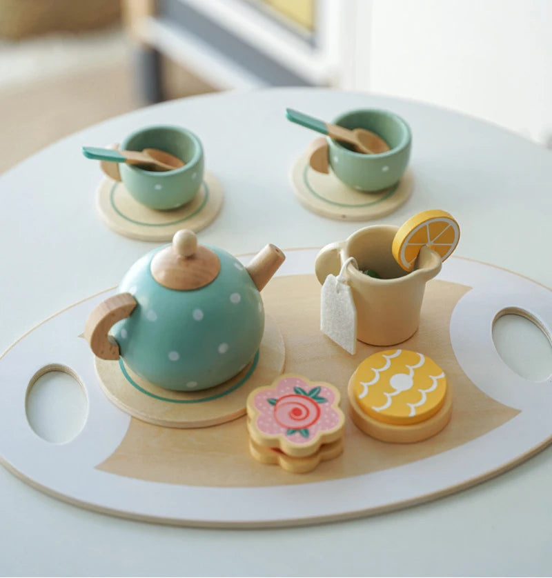 Kids Wooden Tea Set Play House Pretend Make Tea Play With Teapot Teacup Afternoon Snack Role Playing Toys Boys Girls Gift