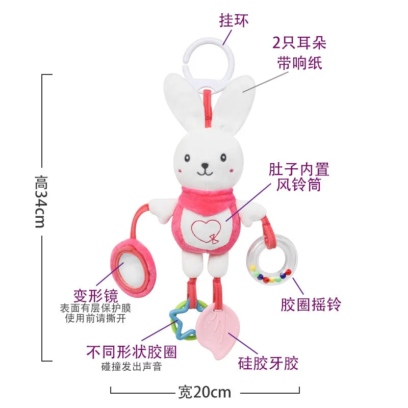 Cartoon Animal Plush Baby Hanging Rattle Toy with Teether Crinkle Paper Infant Soothing Doll Sensory Stroller & Crib Toy