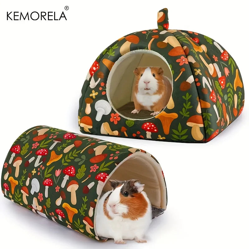 2PCS Glitter Soft Guinea Hideout & Tunnel - Washable Pet Bed with Adorable Mushroom & Flower Design for Hamster Rabbit Small Pet