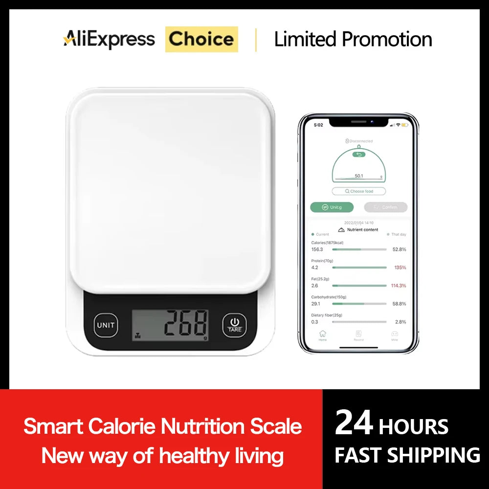 Smart Kitchen Scale Stainless Steel Food Calorie Protein Fat Carbs Nutritional Calculator 11LB/5kg Weight for Healthy Cooking