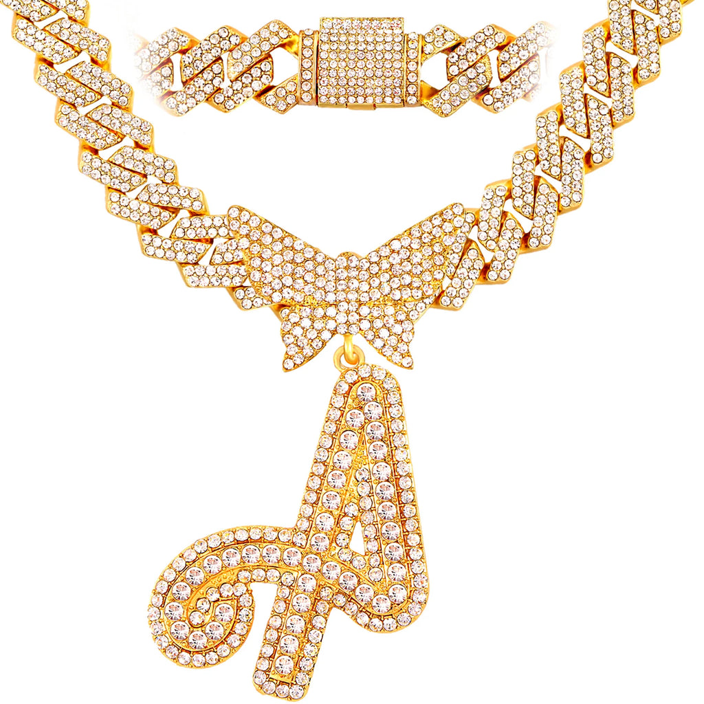 Men Women 14MM Cuban Chain Crystal Butterfly Initials Name Pendant Necklace Iced Out Cursive Letters Rapper Necklace Jewelry New