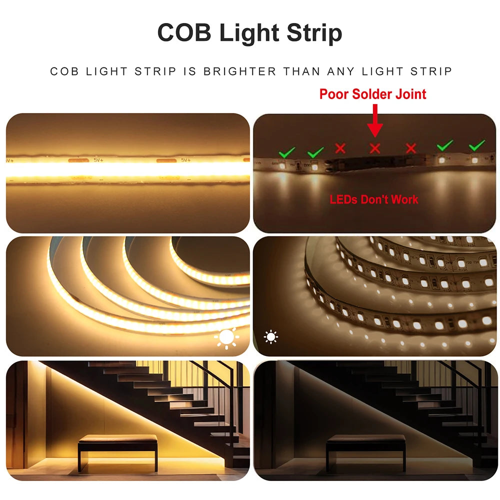 5V USB COB LED Strip Light 3Keys Touch Dimmable ON/OFF Switch Bright Red Green Blue Warm White 320LEDs Flex Ribbon Tape 8mm PCB