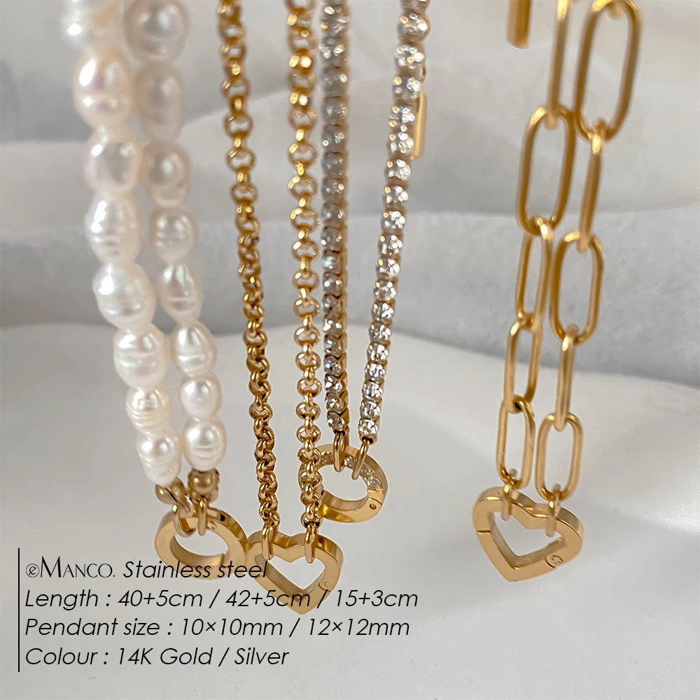 EMANCO Charm Necklace Heart Lock Link Pearl Chain for Handmade DIY Pendant Accessory Stainless Steel Women's Waterproof Jewelry