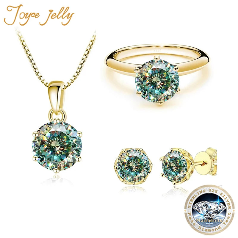 JoyceJelly 1Carat Moissanite Jewelry Set For Women Sterling S925 Silver Gold Plated Necklace Earrings Ring GRA Certified Wedding