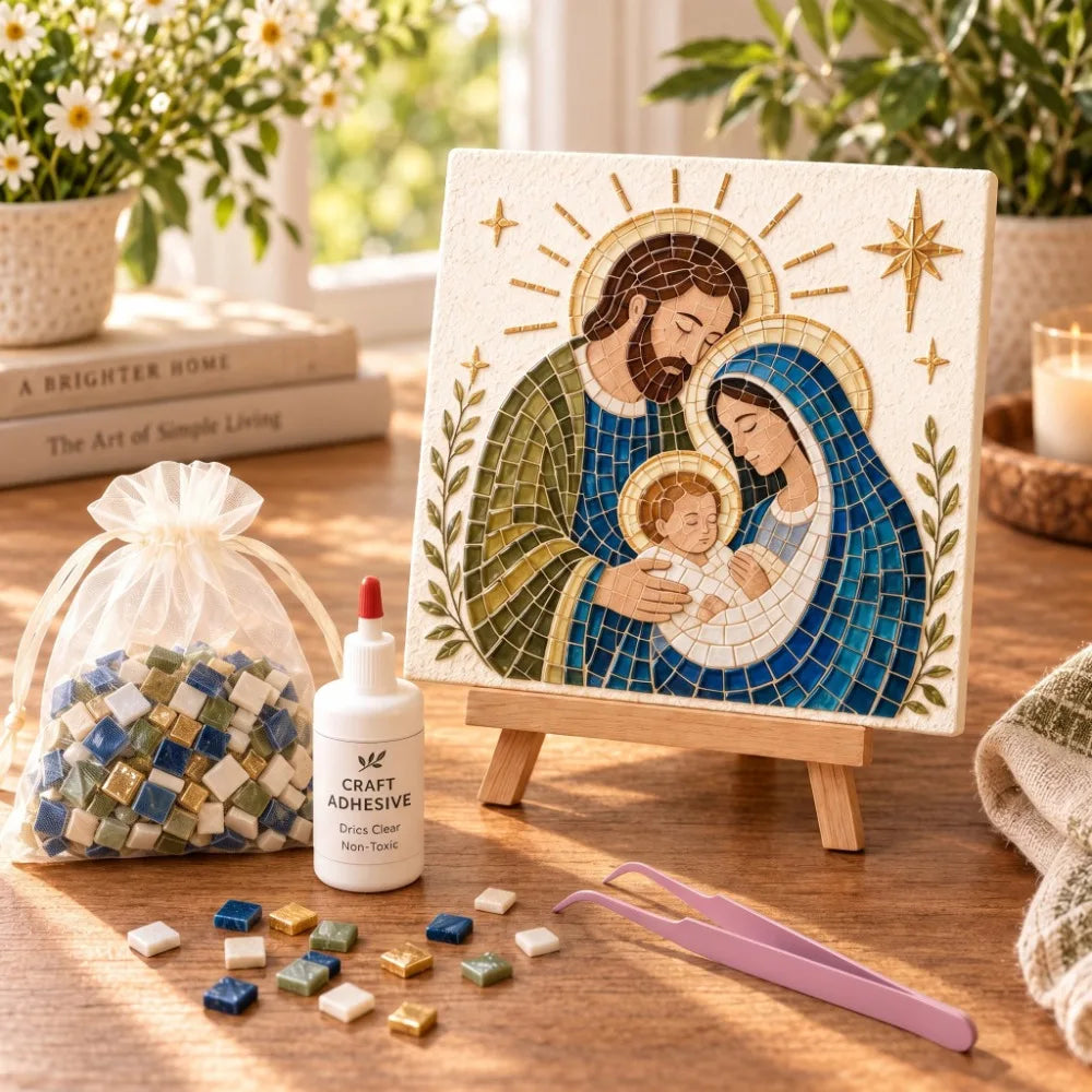 Religious Christmas Mosaic DIY Craft Kit, Glass Mosaic Tile Art Set with Easel, Glue & Tweezers, Kids Adult Handmade Decor Gift