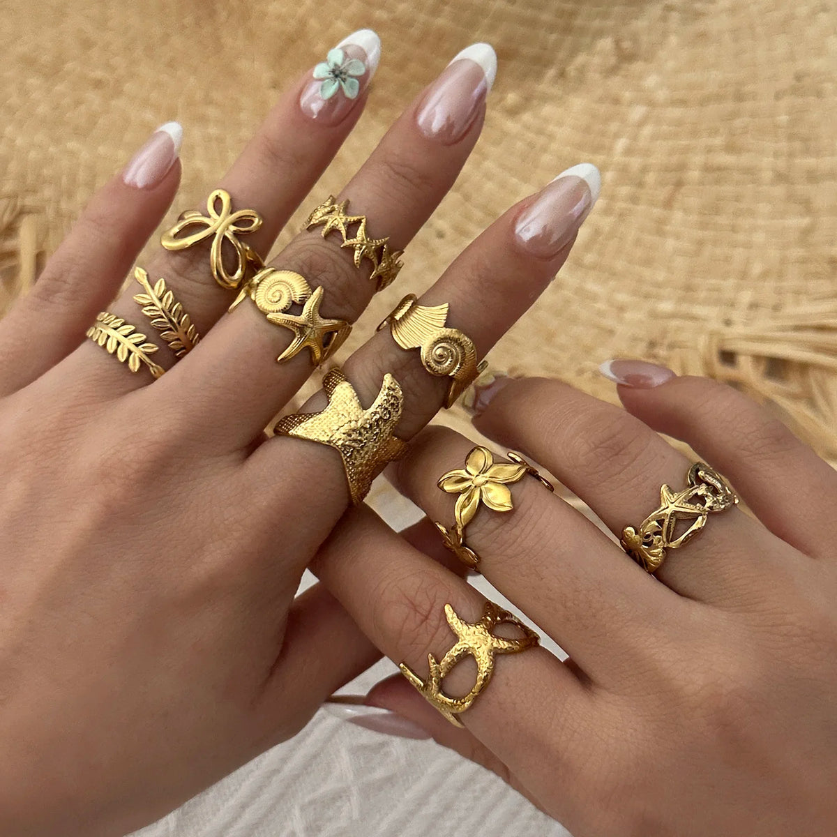 Gmai PVD Plated Stainless Steel Open Rings Set for Women Vintage Sun Leaf Shell Geometric Cuff Ring Hypoallergenic Jewelry Gift