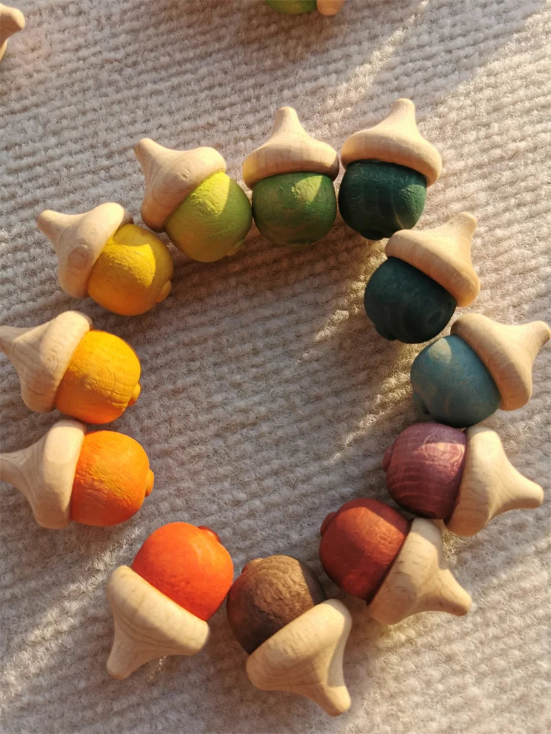 Rainbow Wooden  Blocks Loose Parts Toys Pastel Beech Acorns for Kids Open-end Play