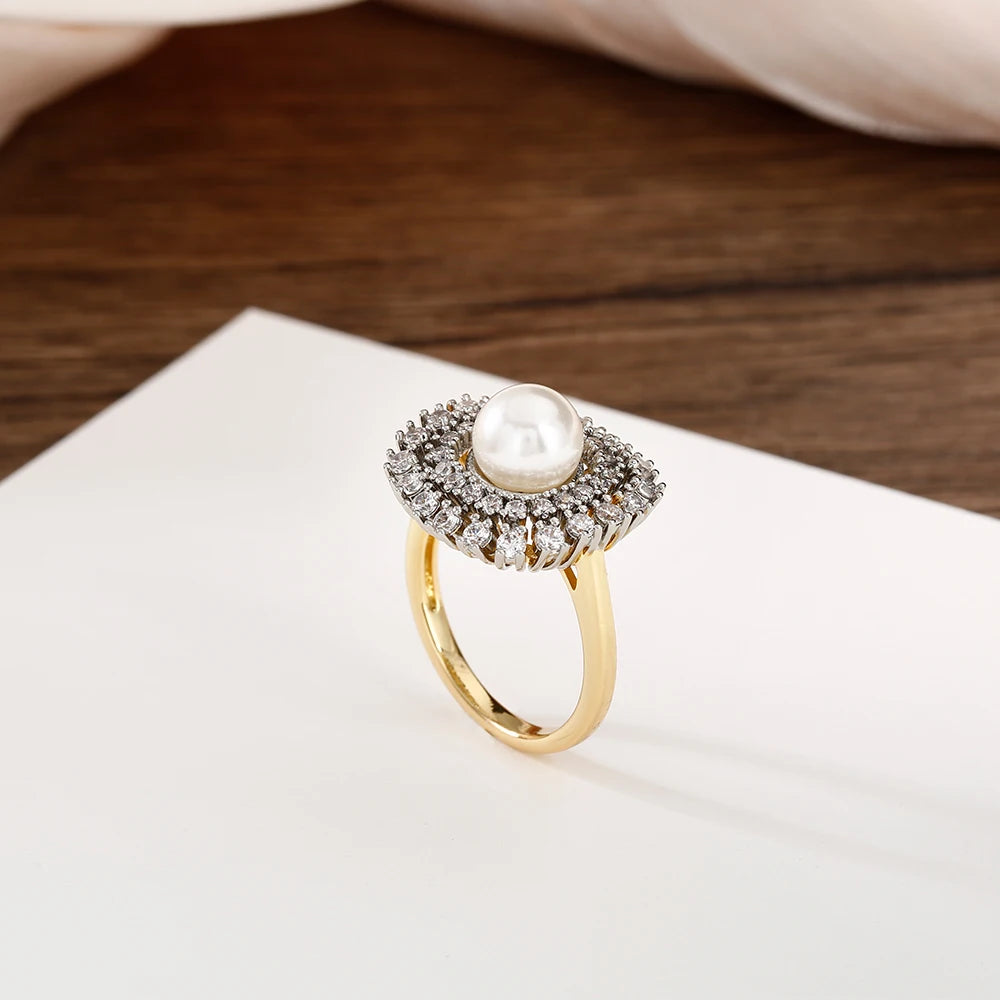 Women's Luxury Inlaid Zirconia Vintage Pearl Earrings Ring Set Copper Plated 14K Gold Fashion Jewelry Wedding Party Gift