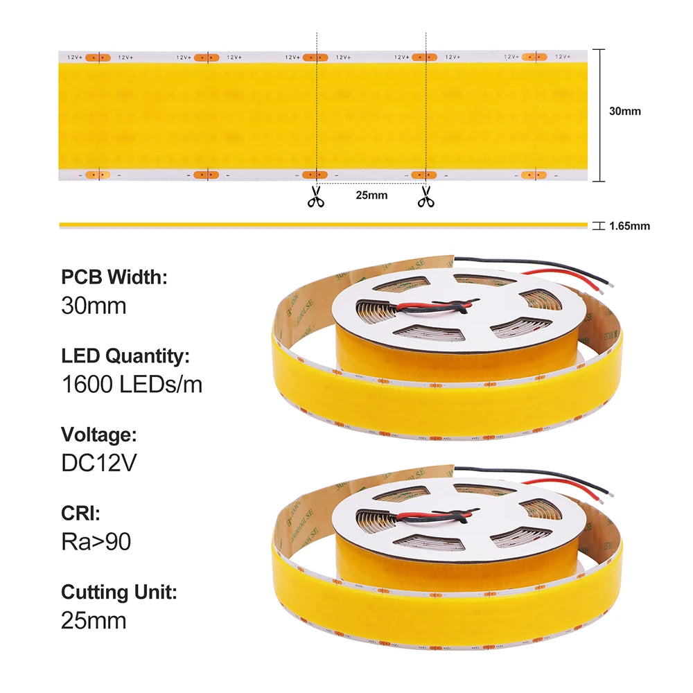 12V 24V COB LED Strip Light 1 2 5 Rows Super Bright 320 600 1600LED/M Flexible Tape High Density Linear Lights 3000K 4000K 6500K