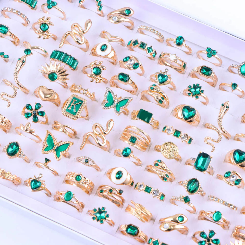 10/20/30/50/100Pcs/Lot Retro Punk Bohemian Rhinestone Carve Rings For Women Mix Style Jewelry Party Gifts Accessories Wholesale