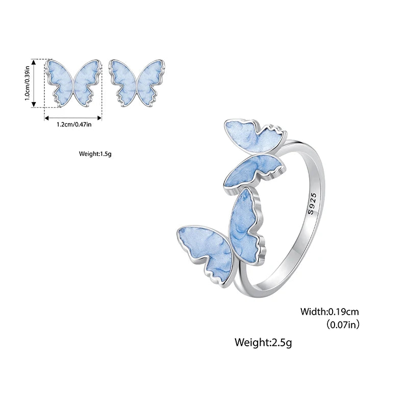 Bamoer 925 Sterling Silver Original Blue Butterfly Ring Lilac Flower Earrings for Women Jewelry Set Anniversary Engagement Gift
