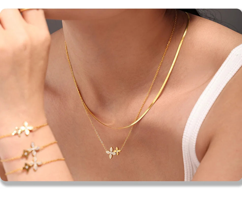 Necklace Bracelet For Women Stainless Steel Zircon Waterproof 4 Petals Flower Pendant Waterproof Chain Charm Jewelry Gift