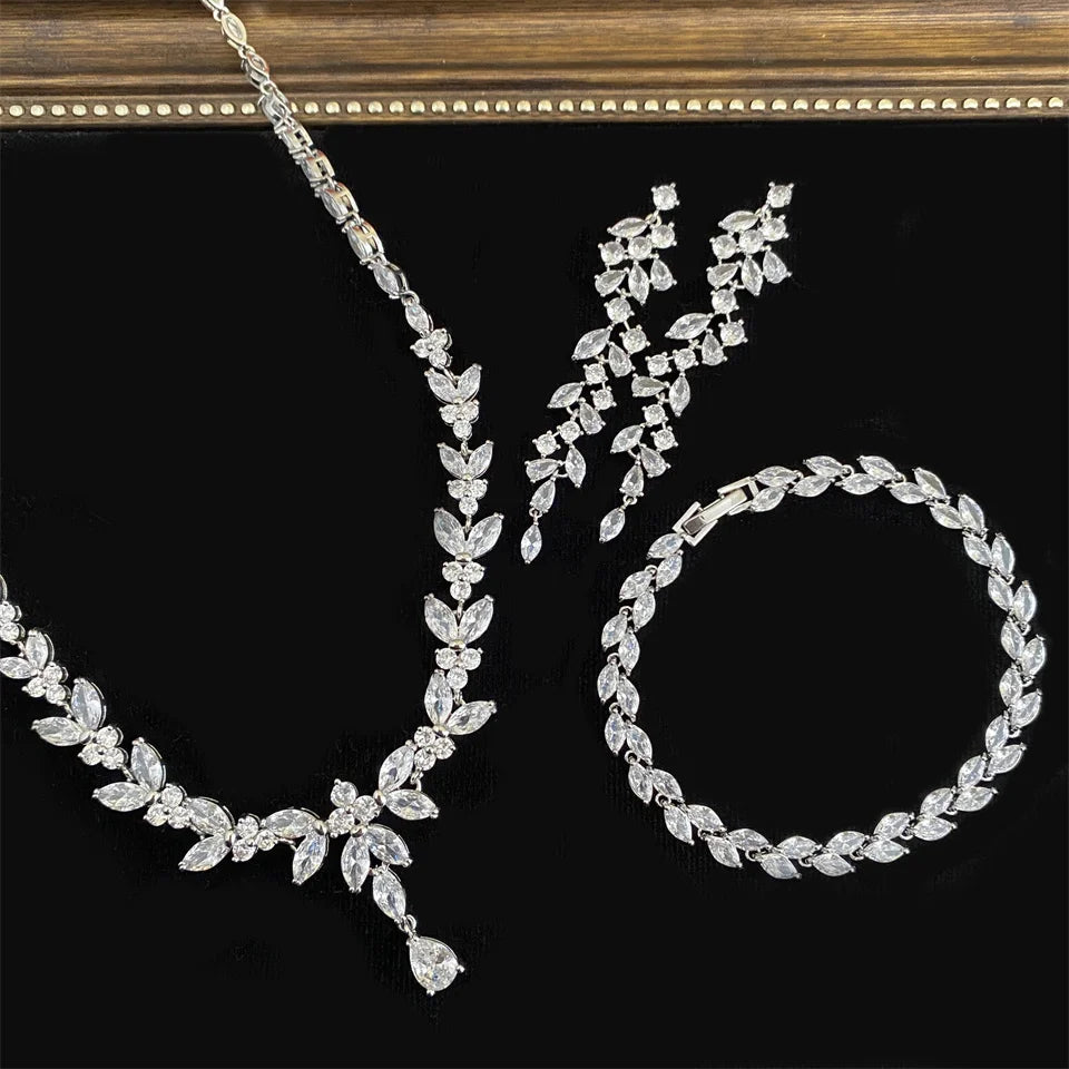 ZAKOL Luxury Cubic Zirconia Necklace Earrings Rings Set for Women Shinny Water Drop Leaf CZ Bridal Wedding Jewelry Sets