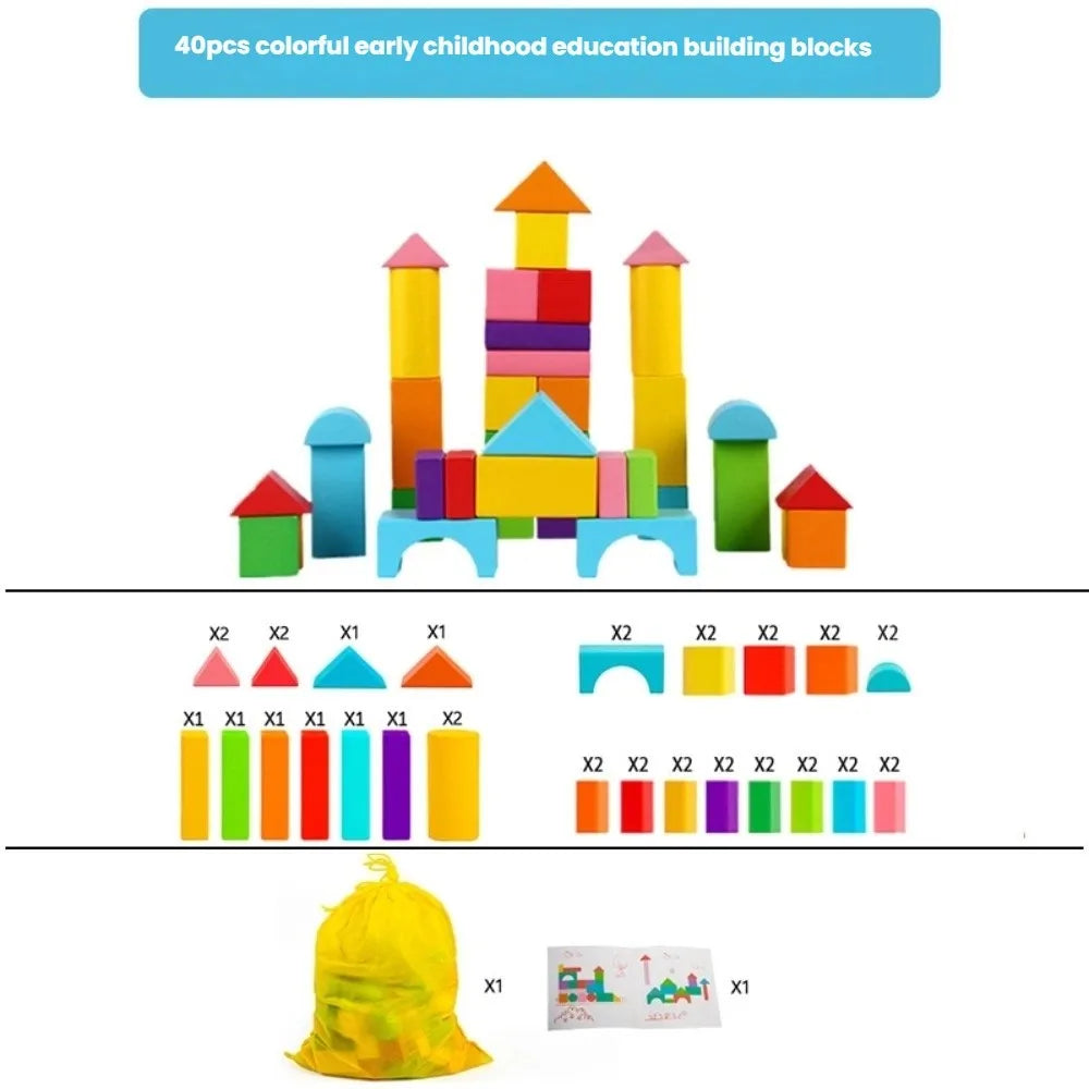 40PCS/SET Colorful Wooden Building Blocks Learning Sensory with Storage Bag Early Educational Toys Wooden 3D Stacking Blocks