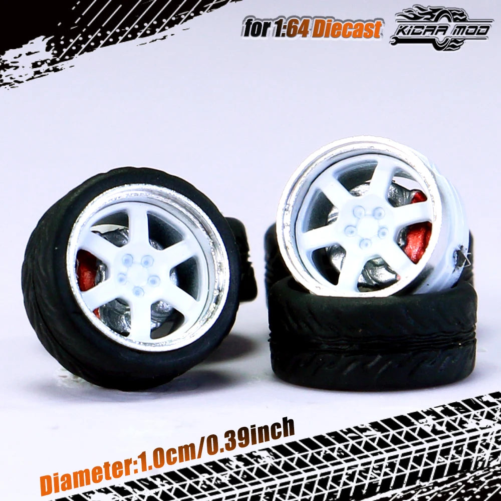 Kicarmod 1/64 Model Car ABS Wheels with Rubber Tire Brake Disc Metal Rims Diameter 10mm Refitting Parts For Model Car