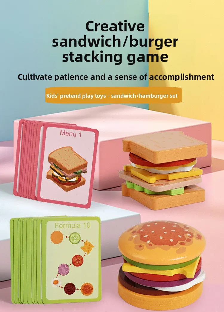 Montessori Wooden Burger Stacking Toys for Toddlers Kids Preschool Educational Toys Play Food Matching Birthday Toy For Kids