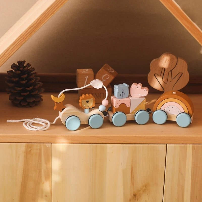 Wooden Montessori Toys Animal Block Dragging Stars Moon Surround Train  Hand Coordination Stacking Toy Handmade Decoration Gifts