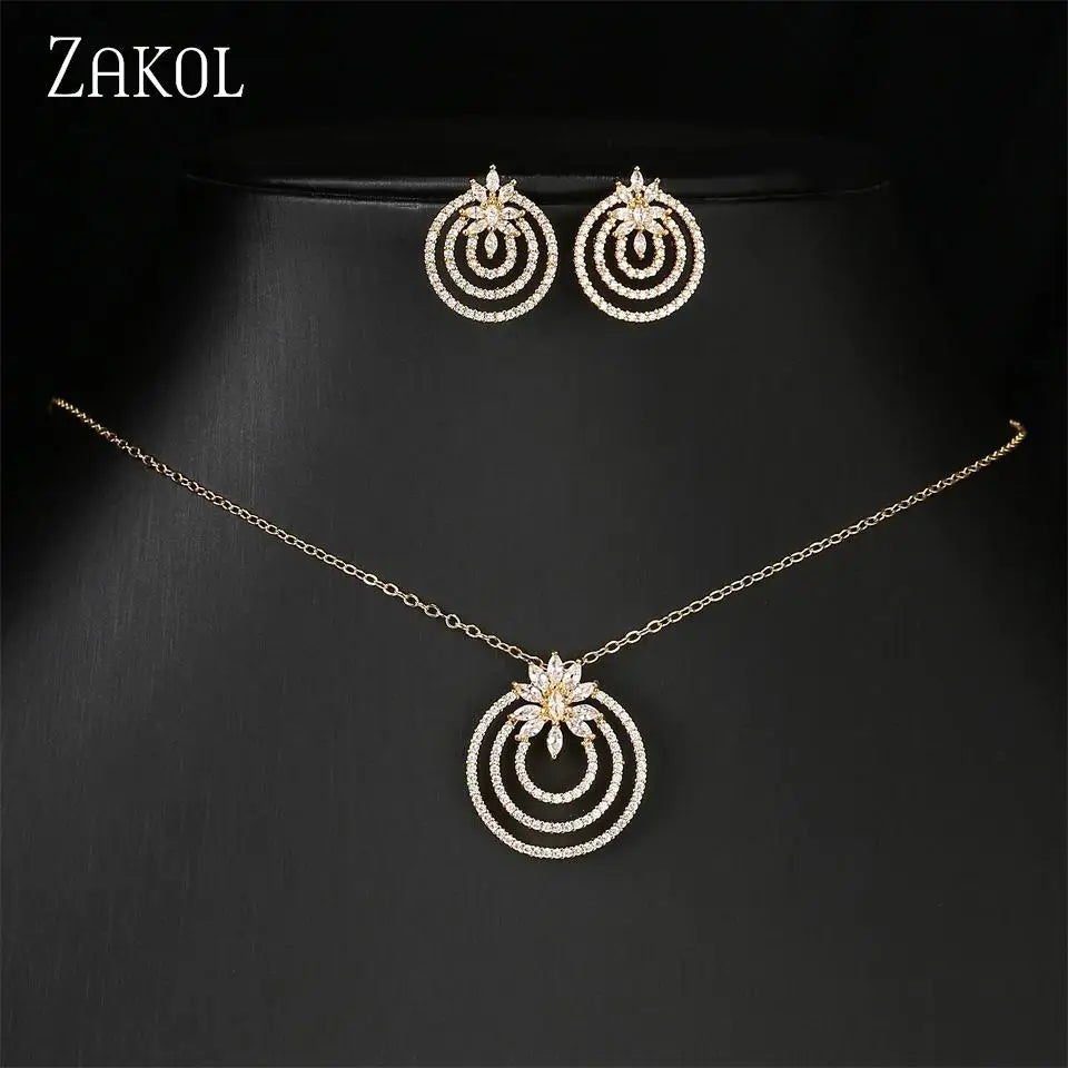ZAKOL Luxury Retro Micro-set Zircon Women's Necklace Earrings Two-piece Set Temperament Elegant Charm Wedding Party Jewelry Sets