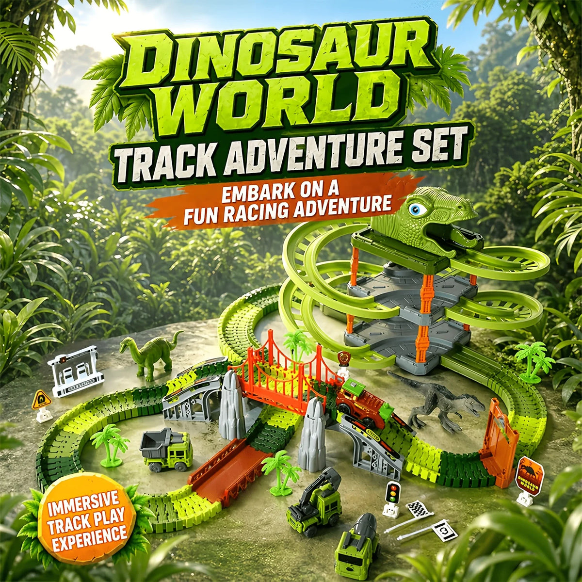3-Layer Dinosaur Race Track Set with Cars, DIY Flexible Educational Construction Toy Gift for Kids Boys Birthday Christmas