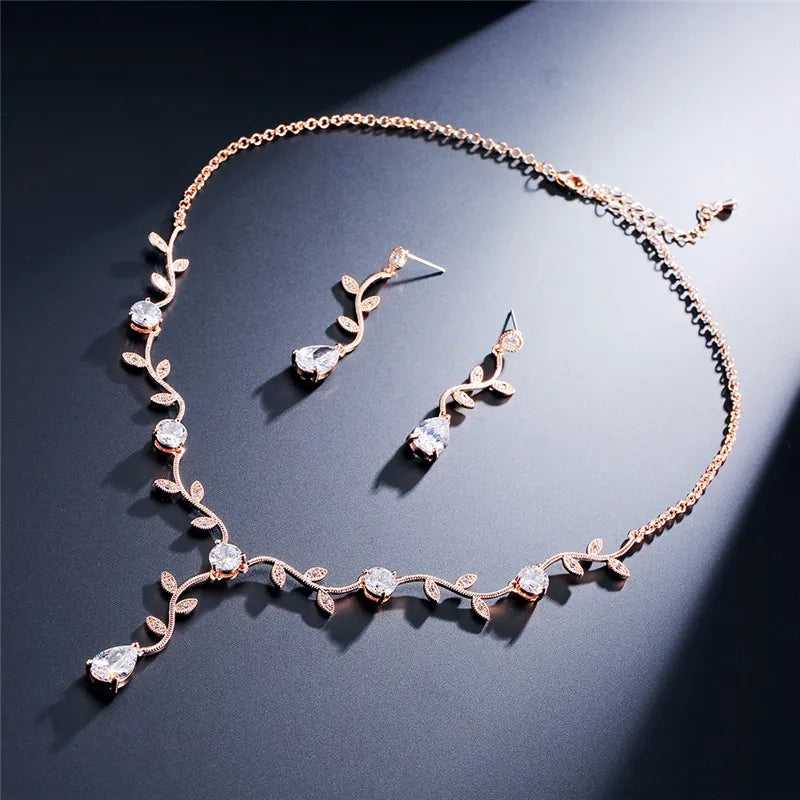 ZAKOL Classic White Rose Gold Color Cubic Zirconia  Bridal Jewelry Sets Leaf Shape Choker Earrings Wedding Dress for Women