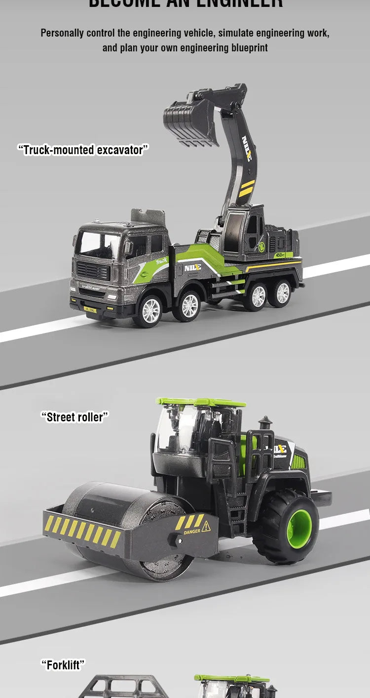 1/50 Diecast Alloy Inertia Engineering Vehicle Model Excavator Crane Forklift Road Roller Collectible Toy Gifts For Boys Kids
