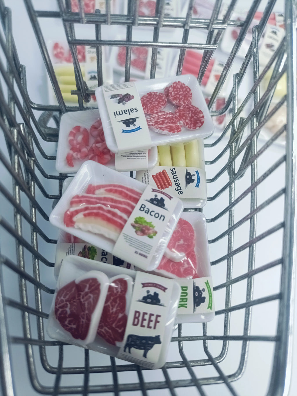 New 1BOX 1/12 Dollhouse Miniature Supermarket Food Simulation Beefsteak Salmon Bacon Chicken Beef Roll for Doll House Accessorie