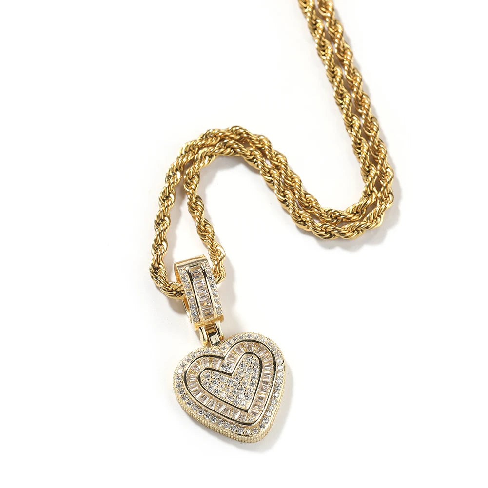 THE BLING KING Baguette CZ Small Heart Shaped Pendant Necklace For Women Iced Out 5A+ Cubic Zironia Lovely Jewelry Birthday Gift