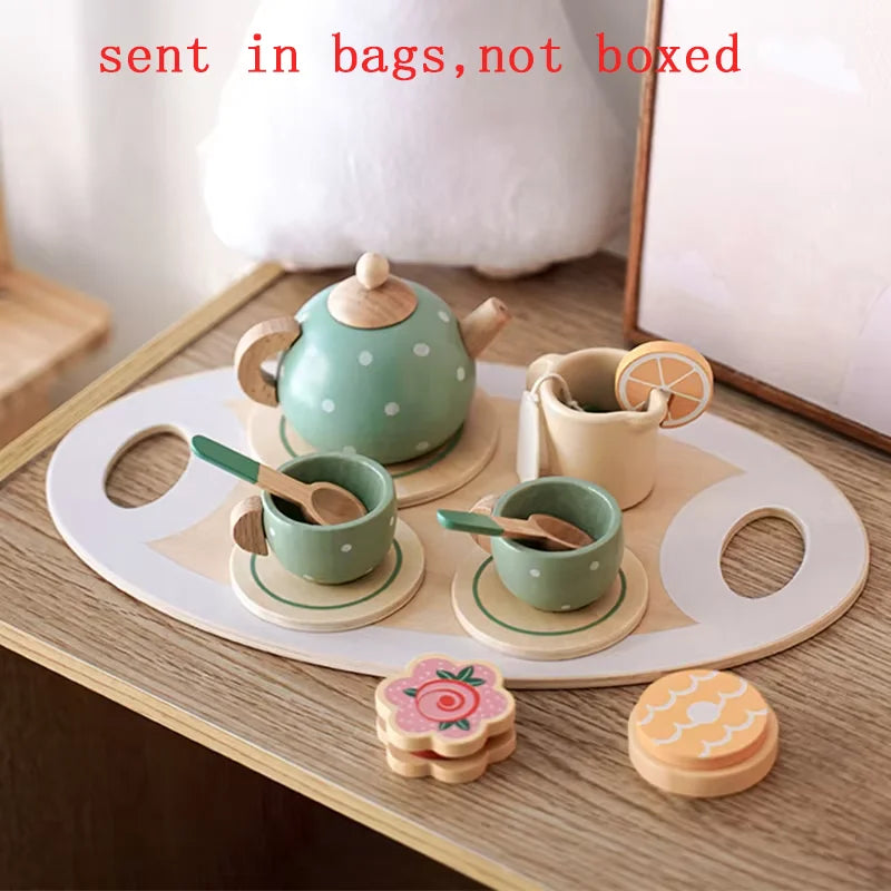 Kids Wooden Tea Set Play House Pretend Make Tea Play With Teapot Teacup Afternoon Snack Role Playing Toys Boys Girls Gift