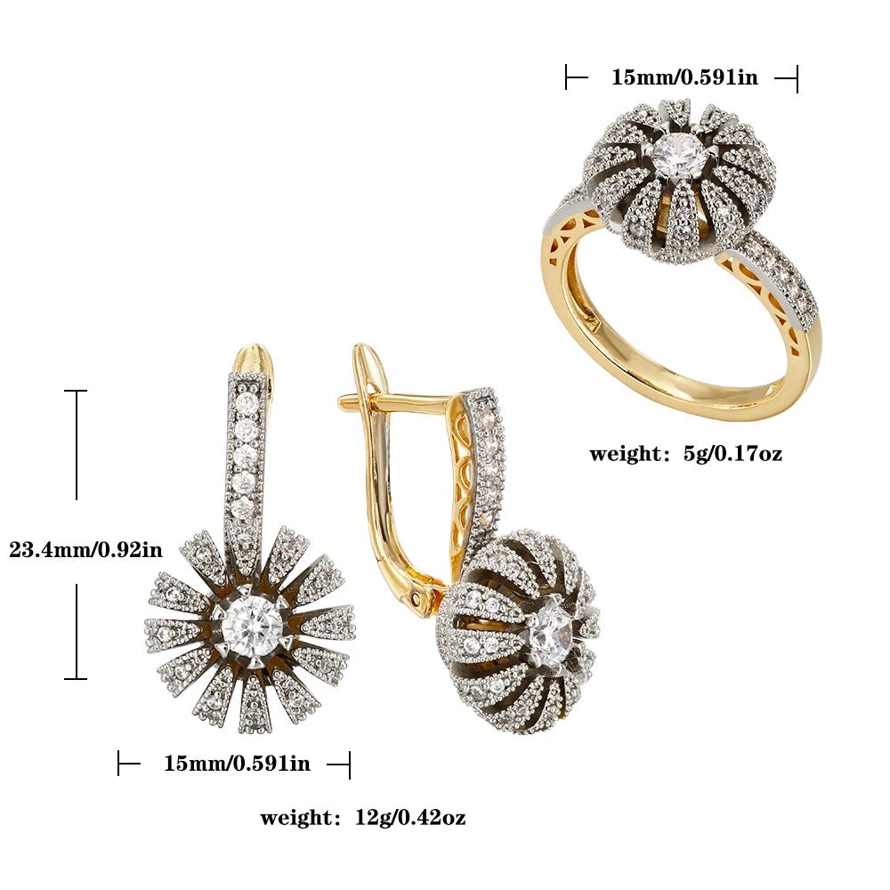 Petal Design Inlaid Synthetic Zircon Ring Earrings Ring suit Copper Plated 14K Gold Retro Fashion Jewelry Banquet Gift