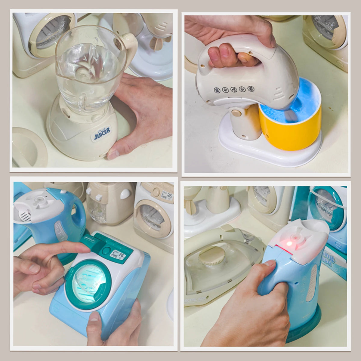 Children's simulated small household appliances, such as washing machines, vacuum cleaners, irons, juicers, and toys
