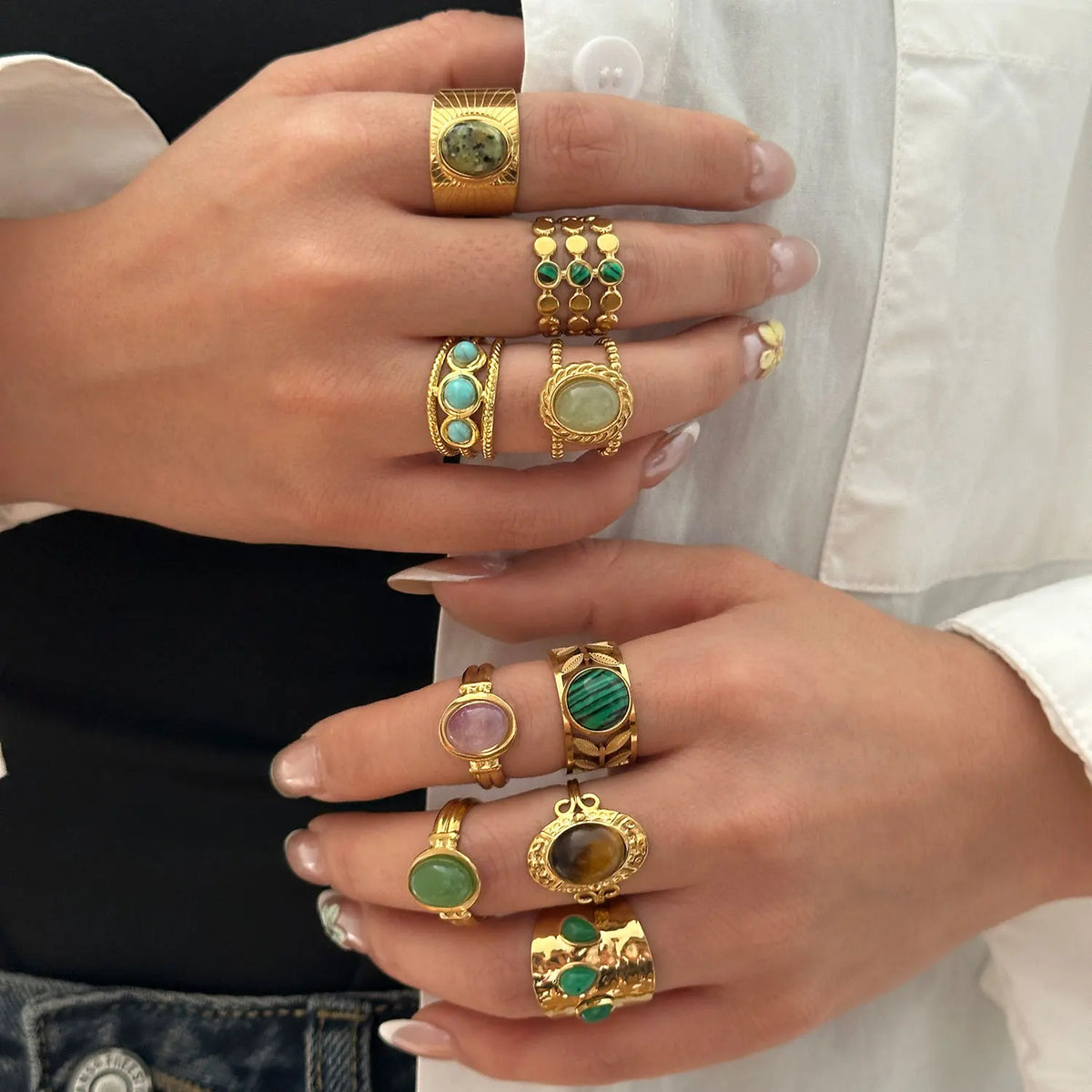Stainless Steel French Vintage Ethnic Color Gemstone Ring for Women Punk Personality Stackable Open Finger Ring Hand Jewelry