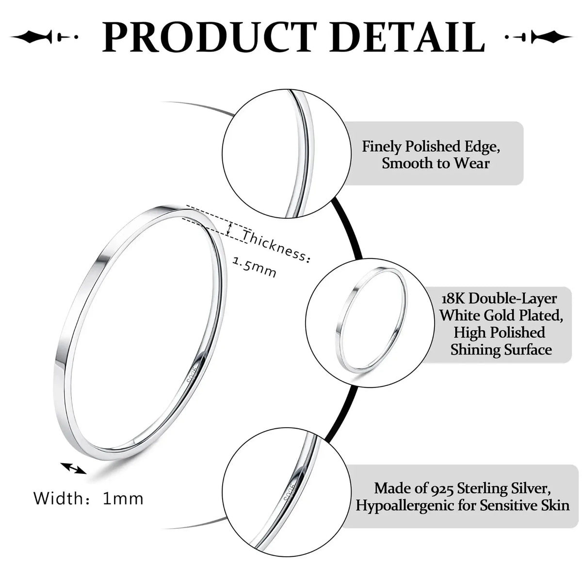 Fansilver S925 Sterling Silver Rings for Women Men 18K White Gold Plated Stackable Statement Thin Plain Thumb Ring Wedding Bands