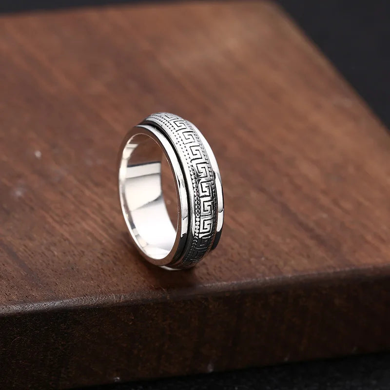 Factory Price S925 Sterling Silver Great Wall Pattern Spinner Ring Men Women Real Silver Double-layer Rotatable Rings Jewelry