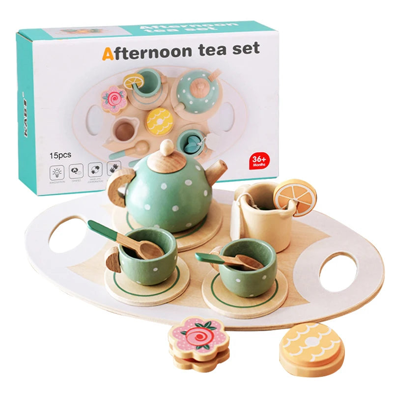 Kids Wooden Tea Set Play House Pretend Make Tea Play With Teapot Teacup Afternoon Snack Role Playing Toys Boys Girls Gift