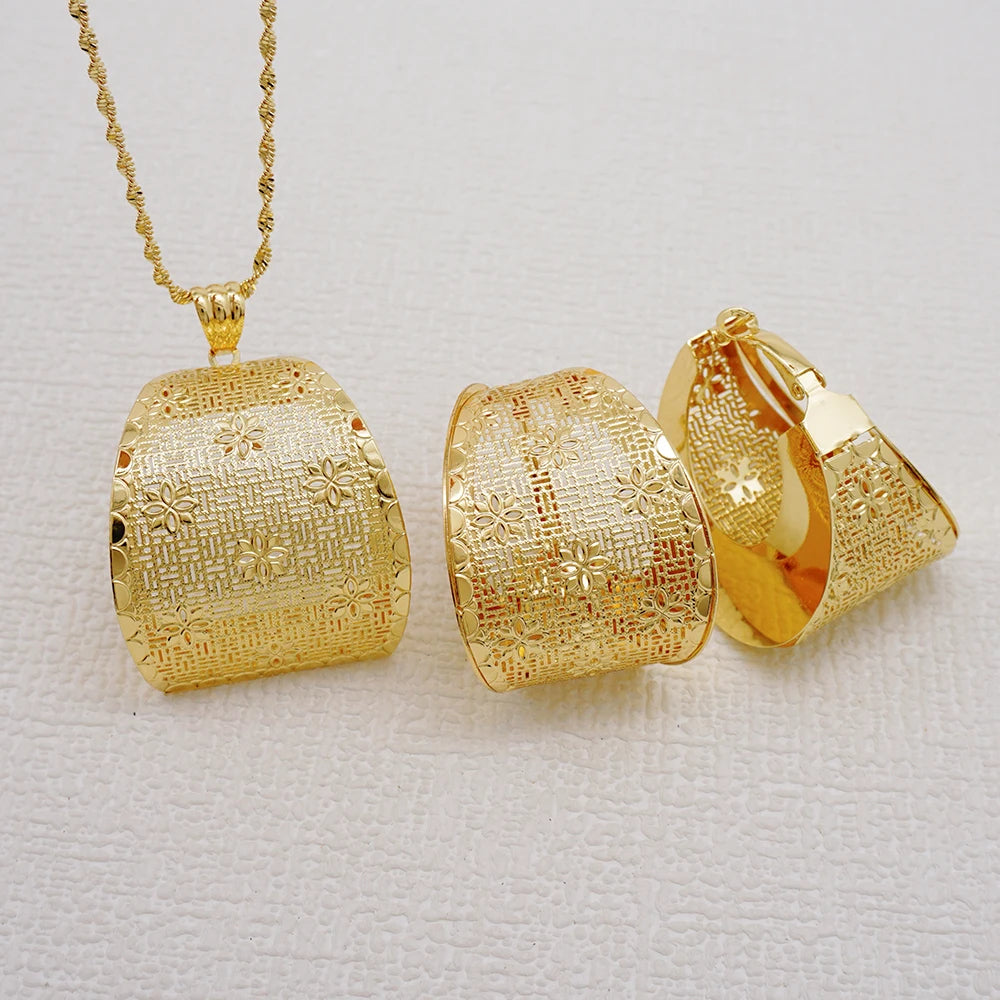 Fashion Dubai Jewelry Sets Gold Color Pendant Copper Classic Earrings Necklace For Women Daily Wear Party Anniversary Gifts