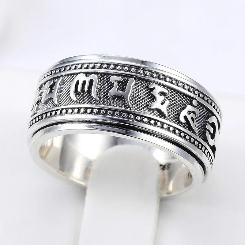 S925 Sterling Silver Ring Men Women Retro Buddhist Six-Character Great Mantra Ring Male Female Amulet Jewelry Exquisite Gift