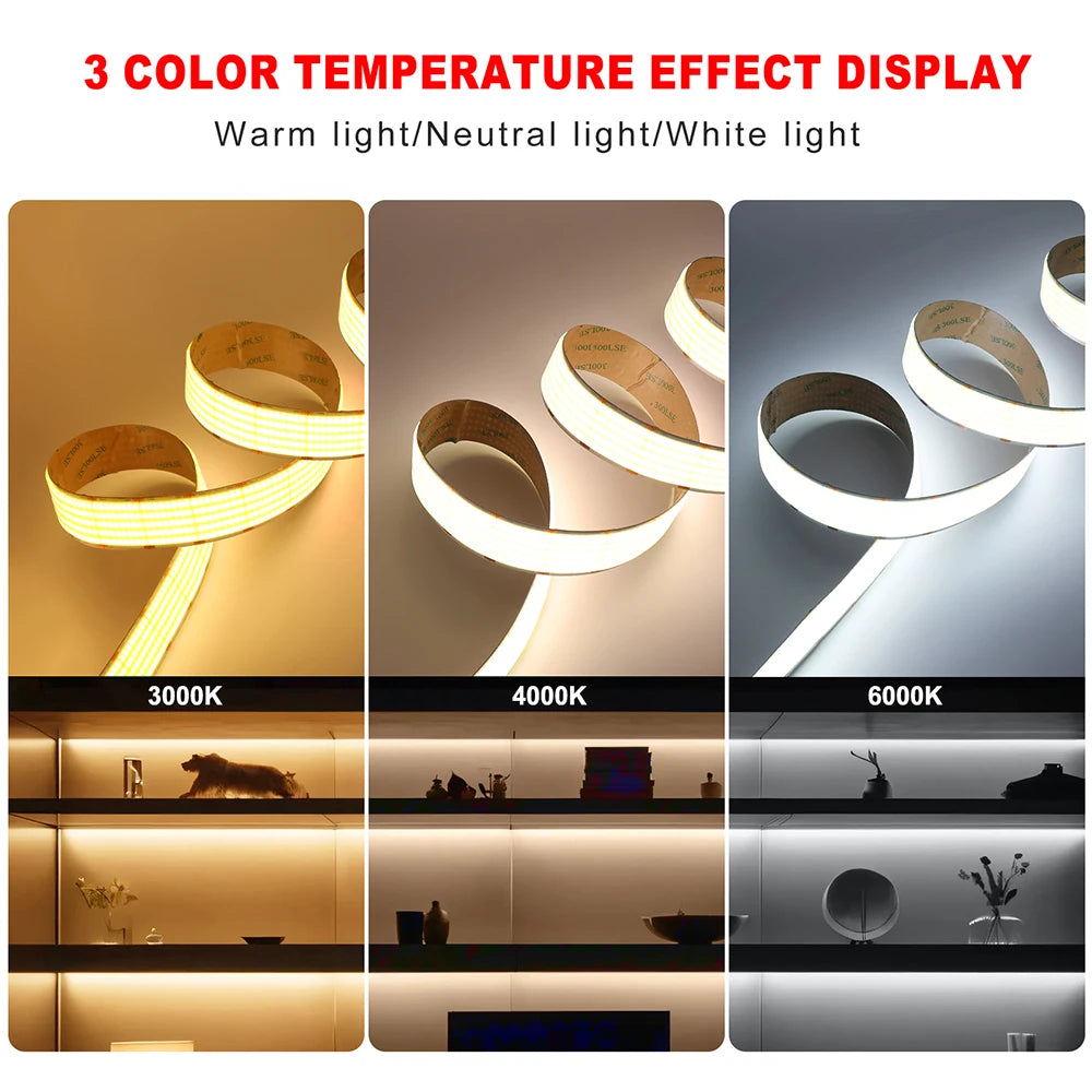 12V 24V COB LED Strip Light 1 2 5 Rows Super Bright 320 600 1600LED/M Flexible Tape High Density Linear Lights 3000K 4000K 6500K