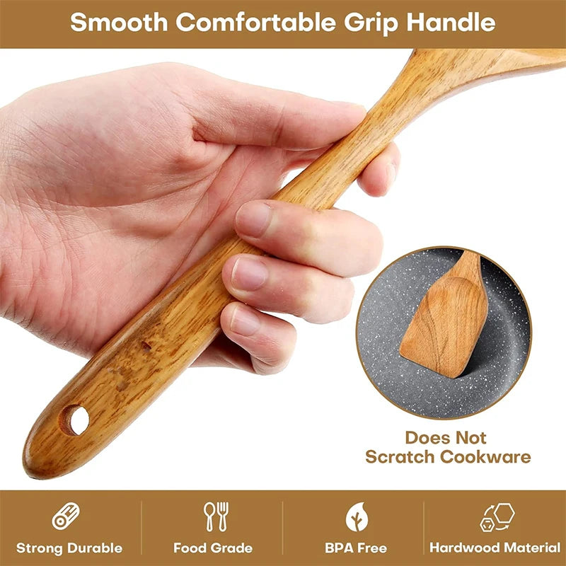 LMETJMA 10 Pack Natural Teak Wooden Kitchen Utensil Set Wooden Spoons Spatula Cooking Utensil Set For Cooking Baking JT503