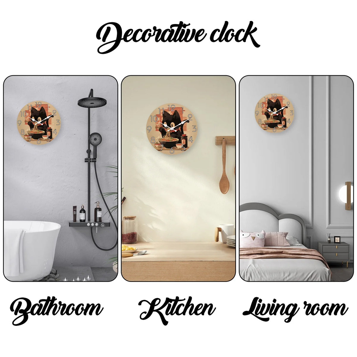 Retro Cute Black Cat Eating Ramen Wooden Wall Clock for Living Room, Bedroom, Kitchen, Home Decoration, Silent Quartz Clock, Holiday Gift, 10 inches, 12 inches, 14 inches 16inch (no battery)