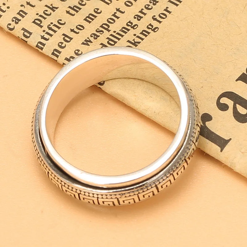 Factory Price S925 Sterling Silver Great Wall Pattern Spinner Ring Men Women Real Silver Double-layer Rotatable Rings Jewelry