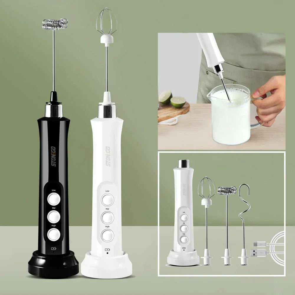 USB Rechargeable Milk Frother Mini Handheld Electric Foam Maker with 3 Speed Whisks for Latte Coffee Cappuccino