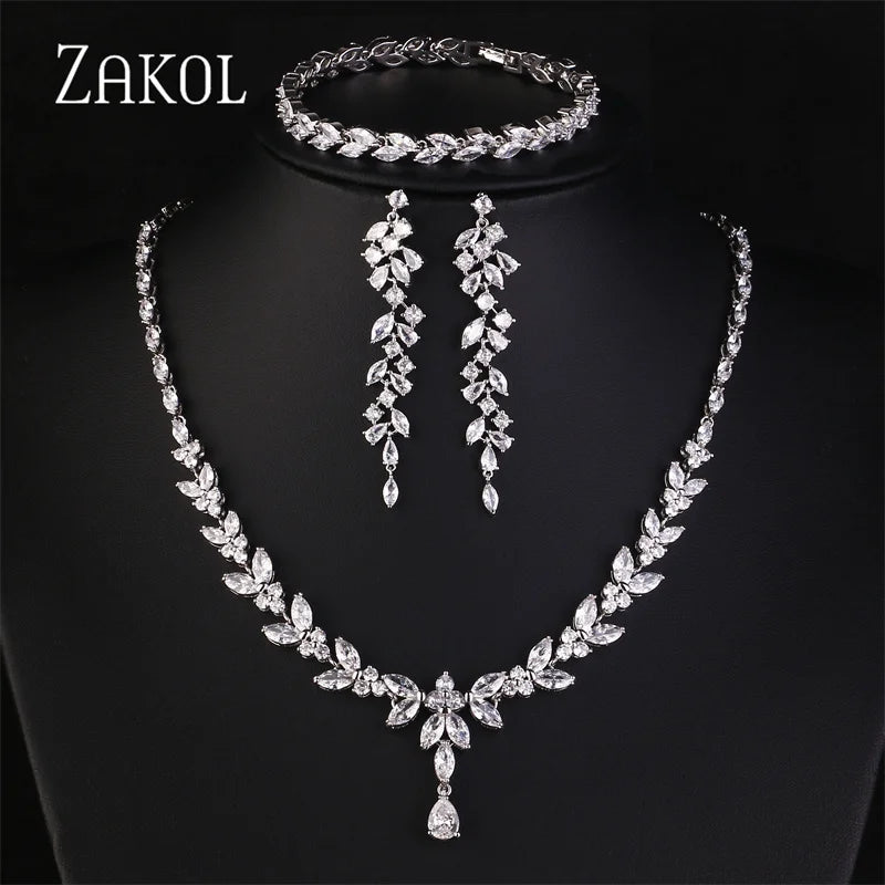 ZAKOL Luxury Brilliant Zirconia Leaf Necklace Earrings Rings Bracelets Set for Women CZ Drop Bridal Wedding Jewelry Sets New