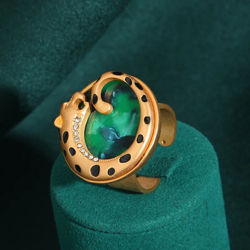 Vintage Wedding Rings for Women Round Blue Natural Oval Green Crystal Horse Eye Shape Glass Retro Pattern Gold Color Jewelry