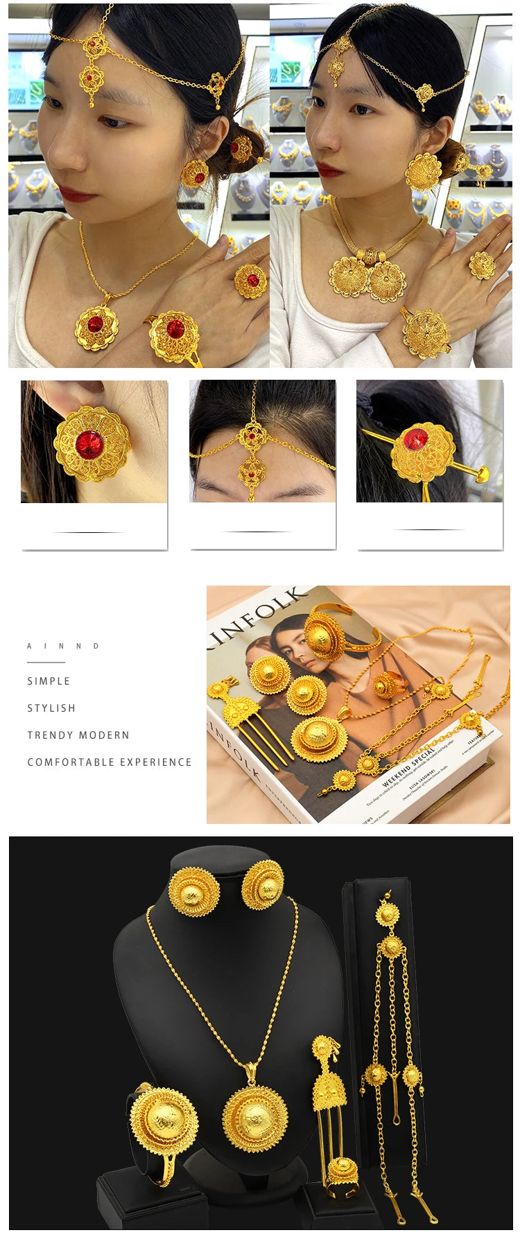 ANIID Ethiopian Gold Color 6pcs Jewelry Sets For Women Dubai Flower Shape Nigerian Luxury Necklace Jewellery Set Wedding Gifts