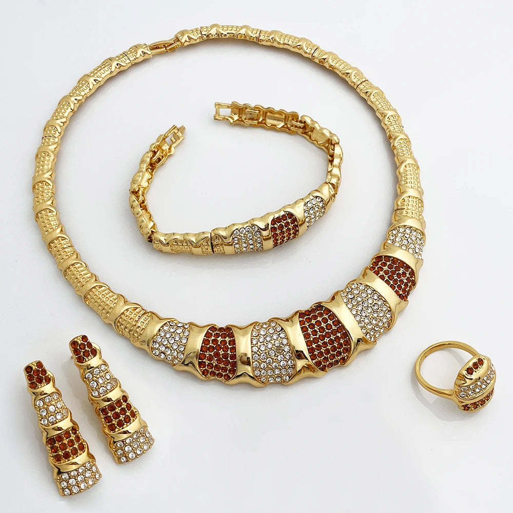 Dubai Jewelry Set For Women 18K Gold Plated Luxury Necklace Earrings Bracelet Ring For Wedding Party Mother's Day Gift On Sale