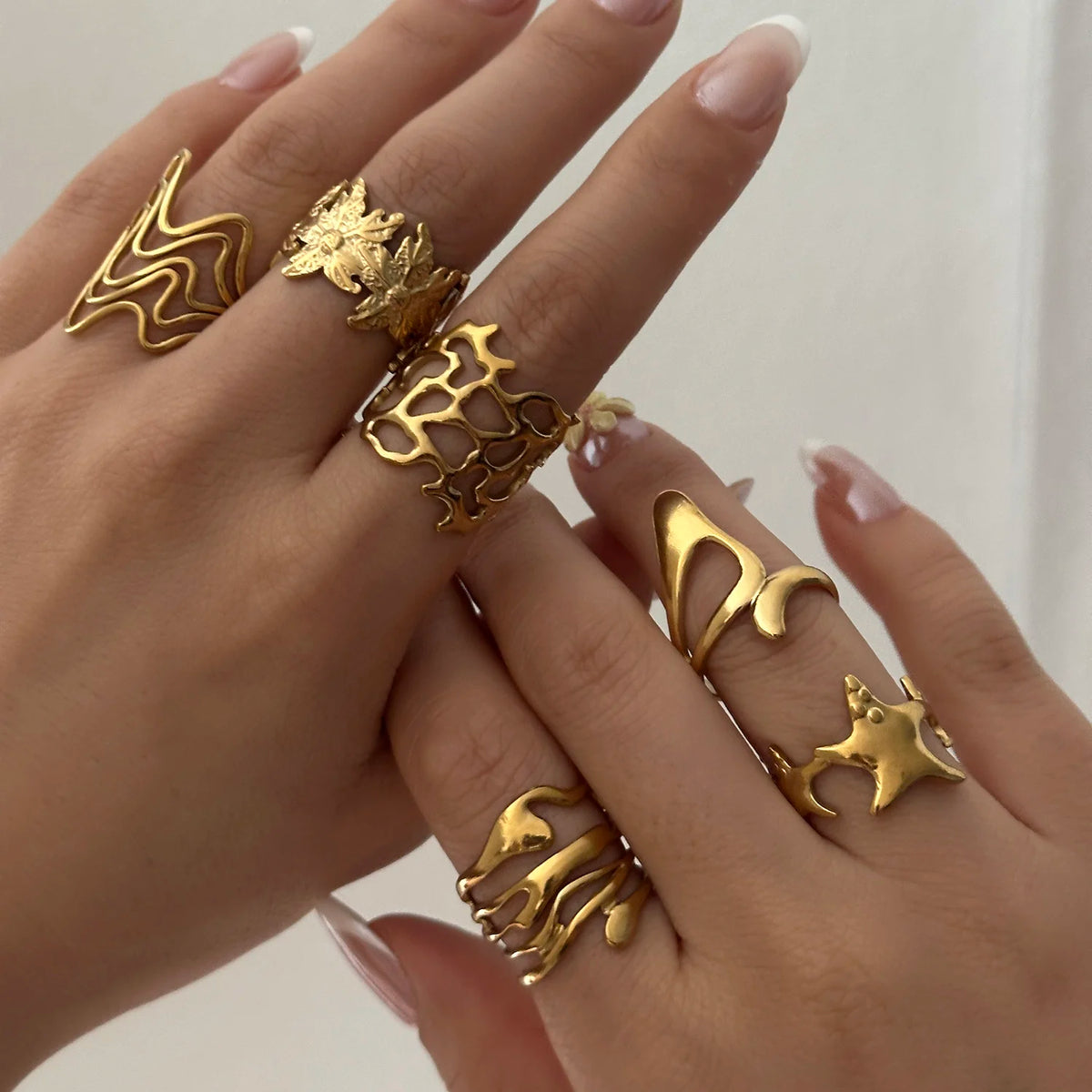 Gmai PVD Plated Stainless Steel Open Rings Set for Women Vintage Sun Leaf Shell Geometric Cuff Ring Hypoallergenic Jewelry Gift